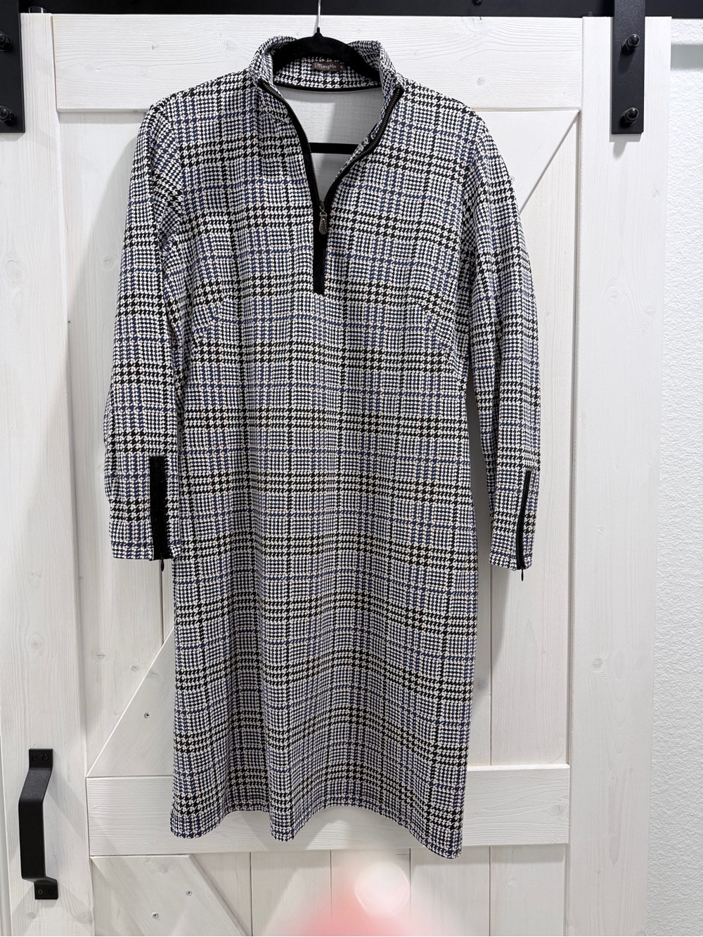 J. McLaughlin Houndstooth Half-Zip Dress in Black, White, Tan, and Blue